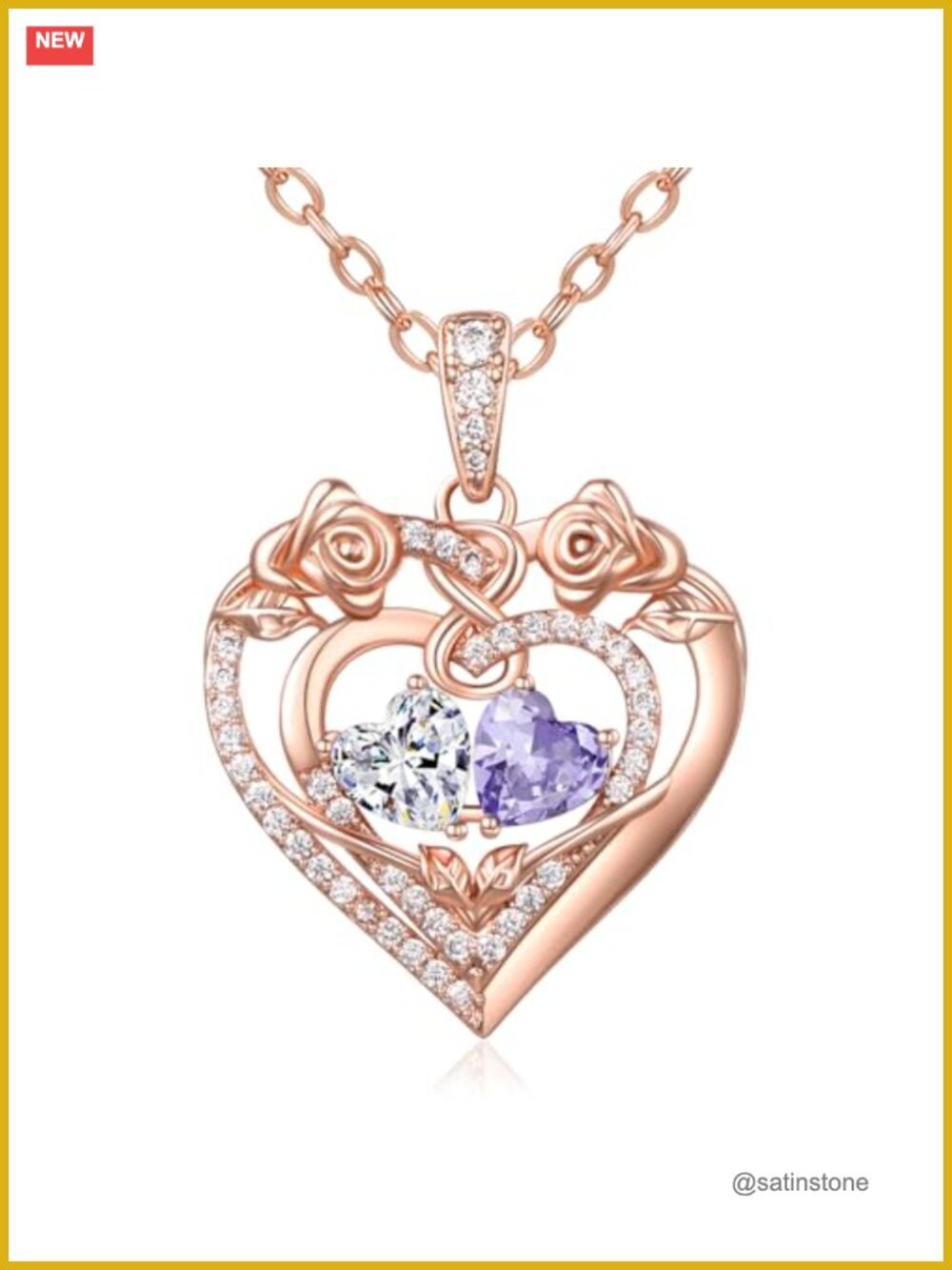 14K Rose Gold Double Heart Birthstone Pendant Necklace Gift for Wife